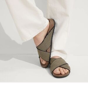 Rothy's The Weekend Slide sandals in the Toffee Stripe 10